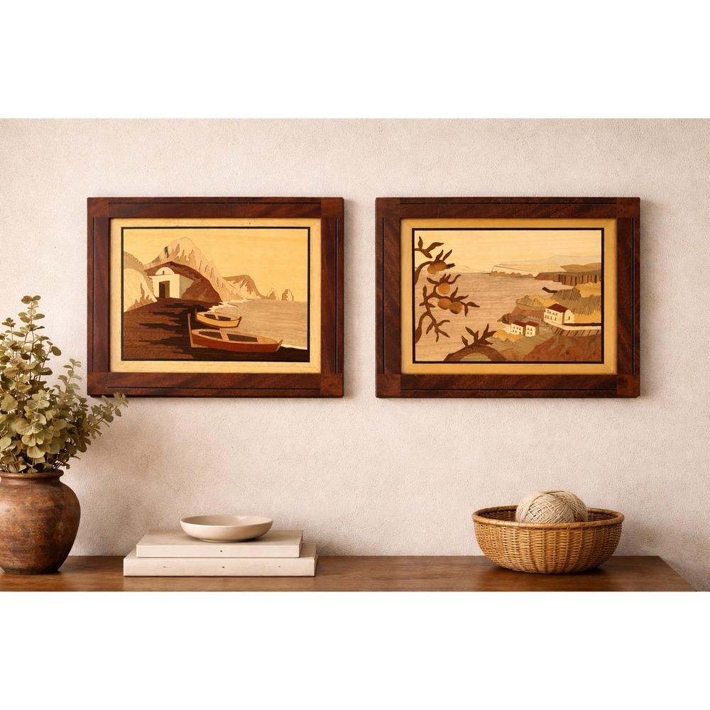 Set Of 2 Vintage Italian Marquetry Inlaid Wood Sorrento Style Coastal‎ Scenes